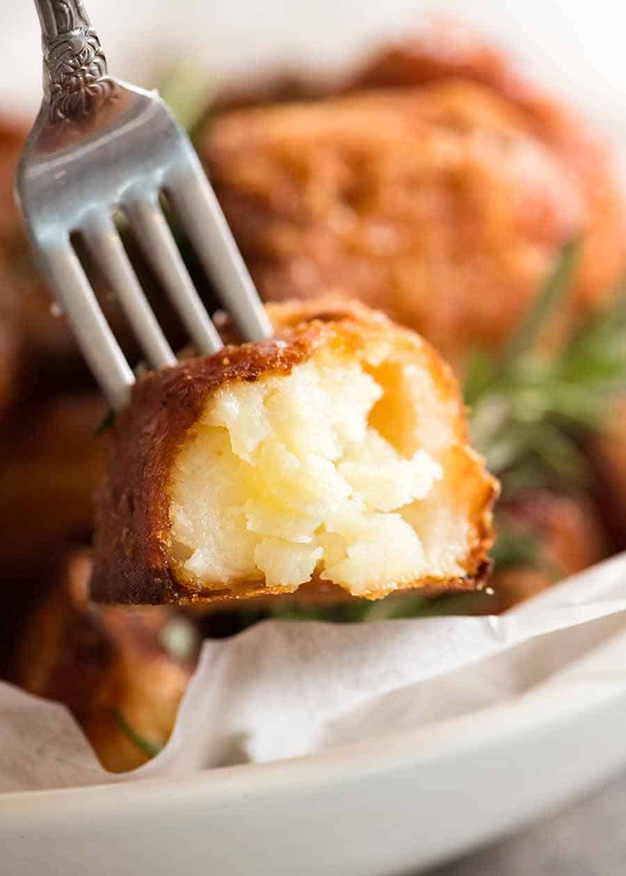 Close up the inside of Duck Fat Potatoes