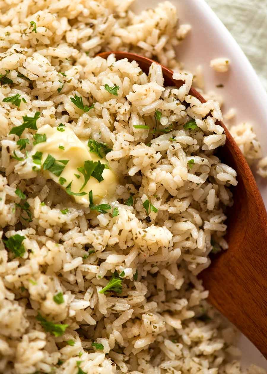 Close up of seasoned rice with butter, ready to be served (copycat boxed rice)