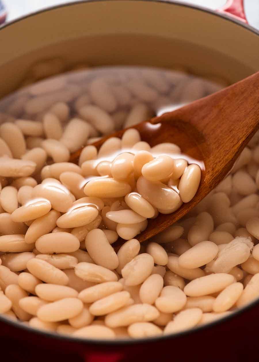 Cooked dried cannellini beans in a pot
