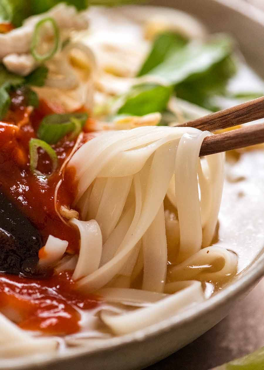 Close up of Chicken Pho noodles