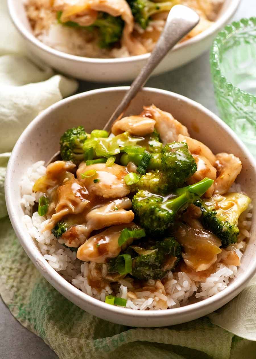Chicken Broccoli Stir Fry served over rice, ready to be eaten