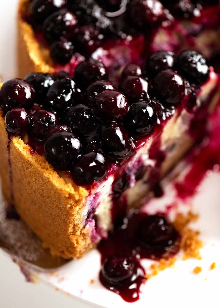 Close up of slice of Blueberry Cheesecake with Blueberry Sauce