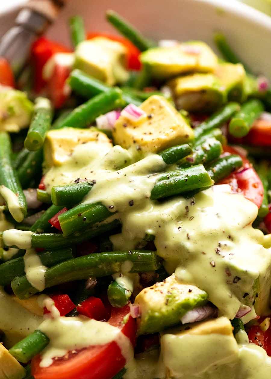 Close up of Green Bean Avocado Salad with Avocado Dressing
