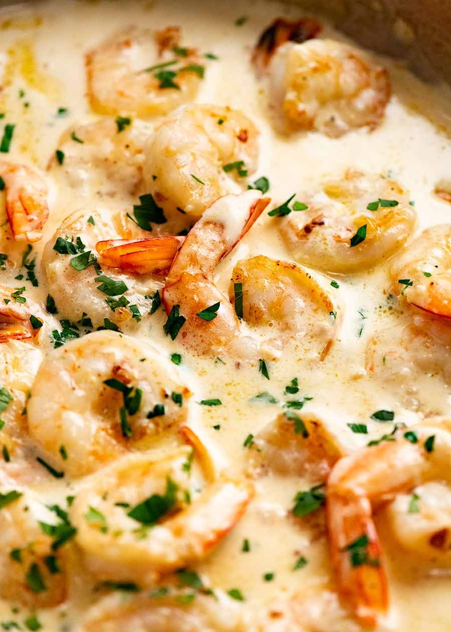 Close up of Creamy Garlic Prawns (Shrimp) in a skillet, ready to be served