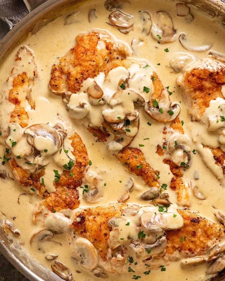 Freshly made Chicken in Creamy Mushroom sauce in a skillet