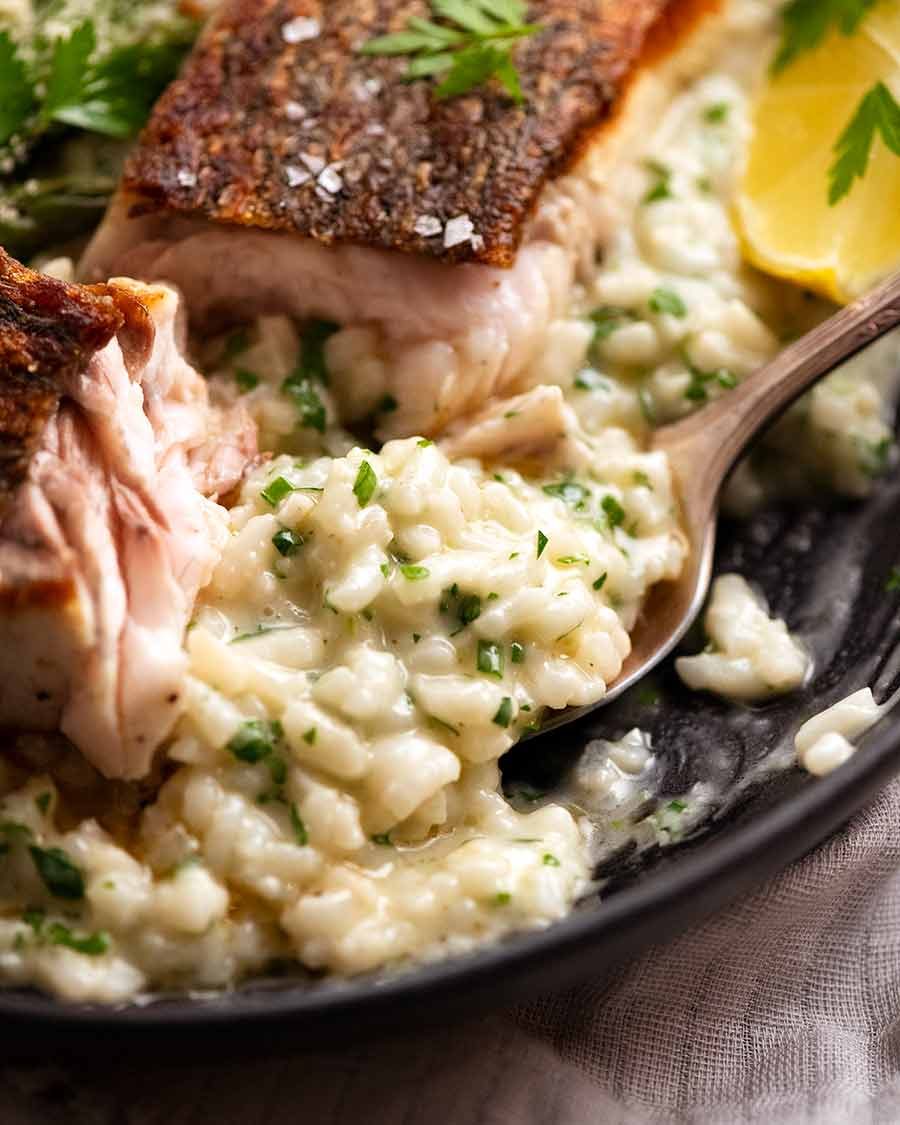 Creamy Baked Risotto with Crispy Skin Barramundi