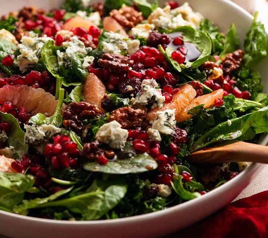 Close up side photo of Pomegranate Salad in a bowl, ready to be served