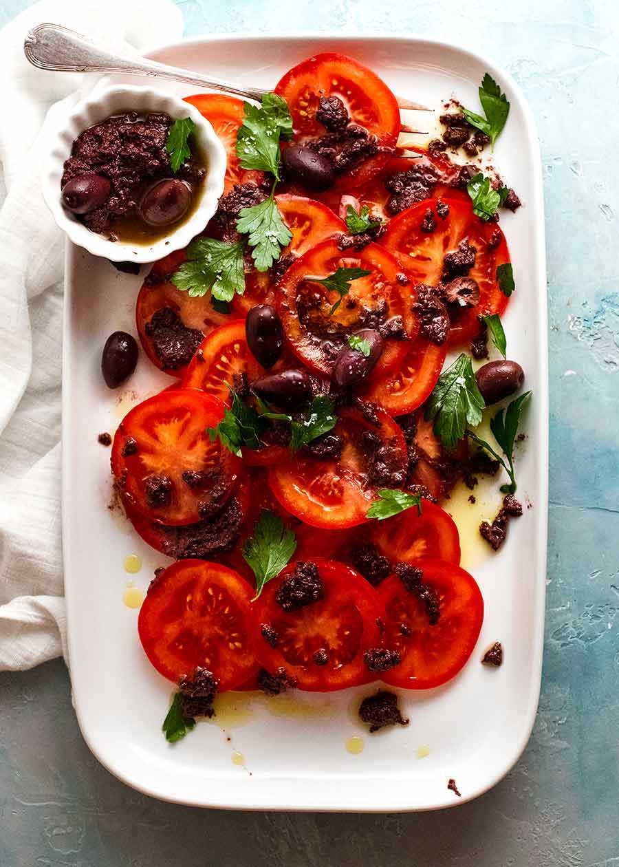 Overhead photo of Tomato Salad with Olive Tapenade