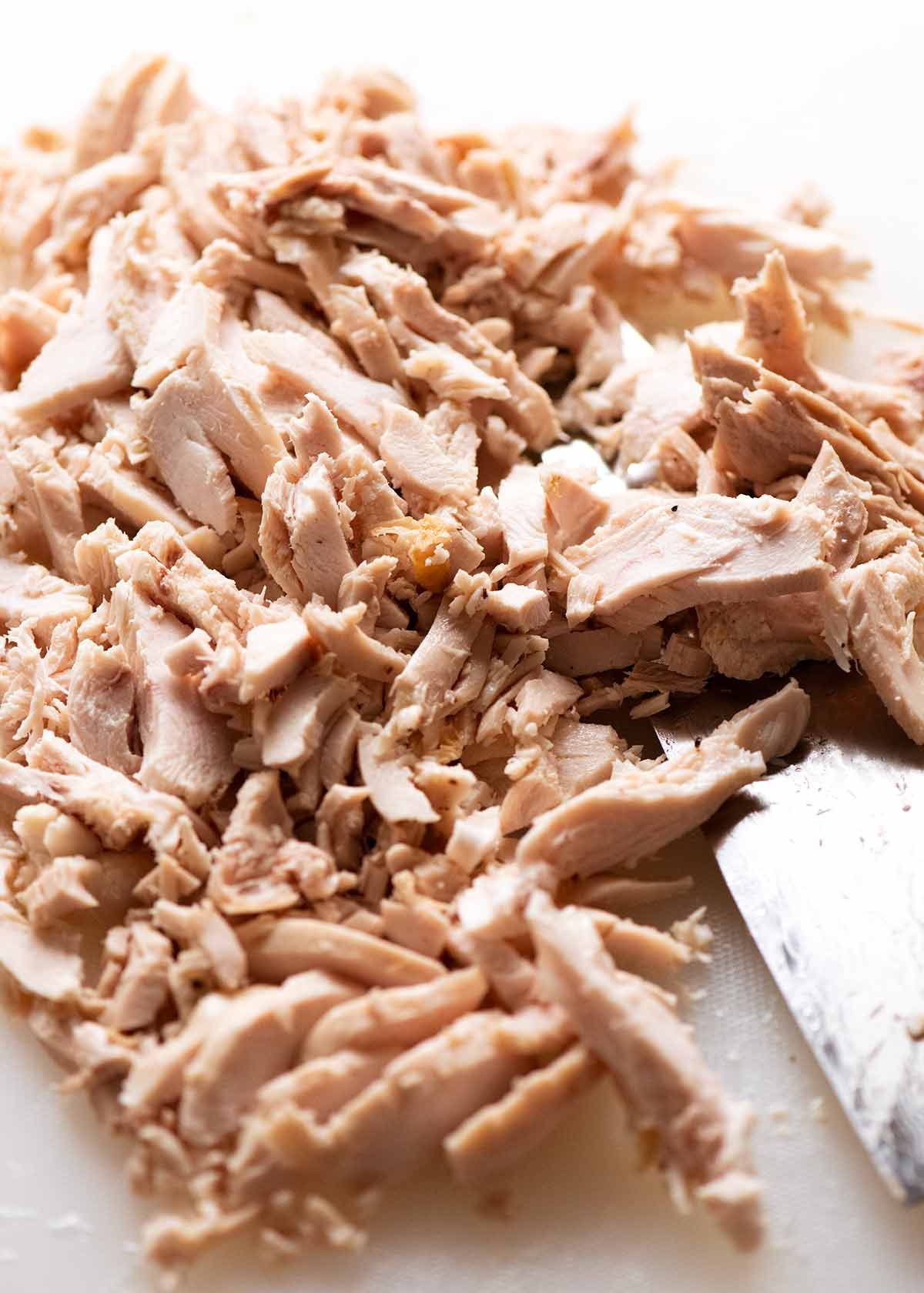 Pile of finely chopped Chicken for Creamy Chicken Pasta