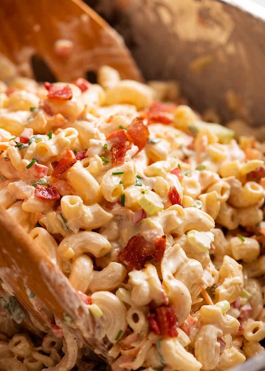 Close up photo of Chicken Pasta Salad with Creamy Dressing in a bowl