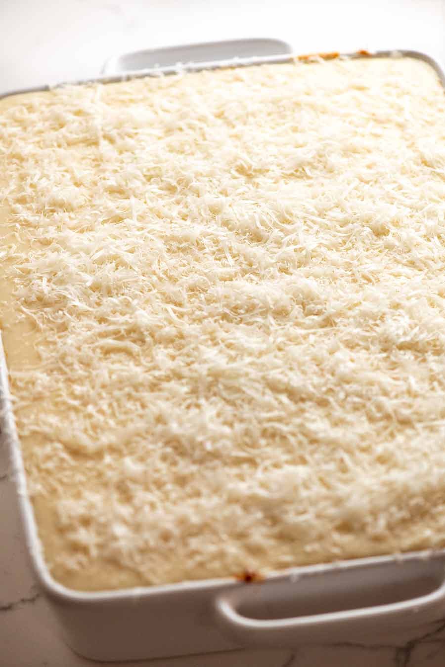 Pastitsio assembled and ready to go in the oven