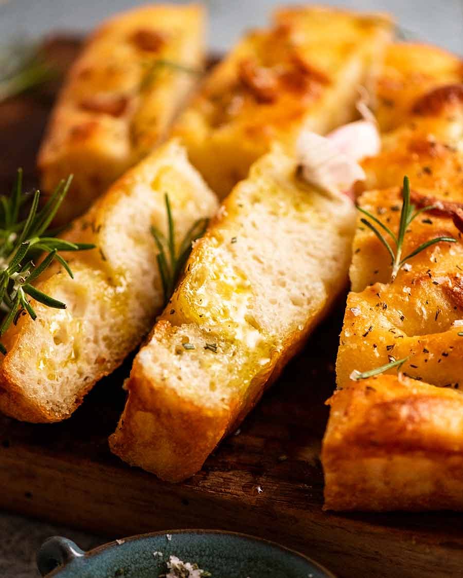 Close up of slices of Rosemary Garlic Focaccia