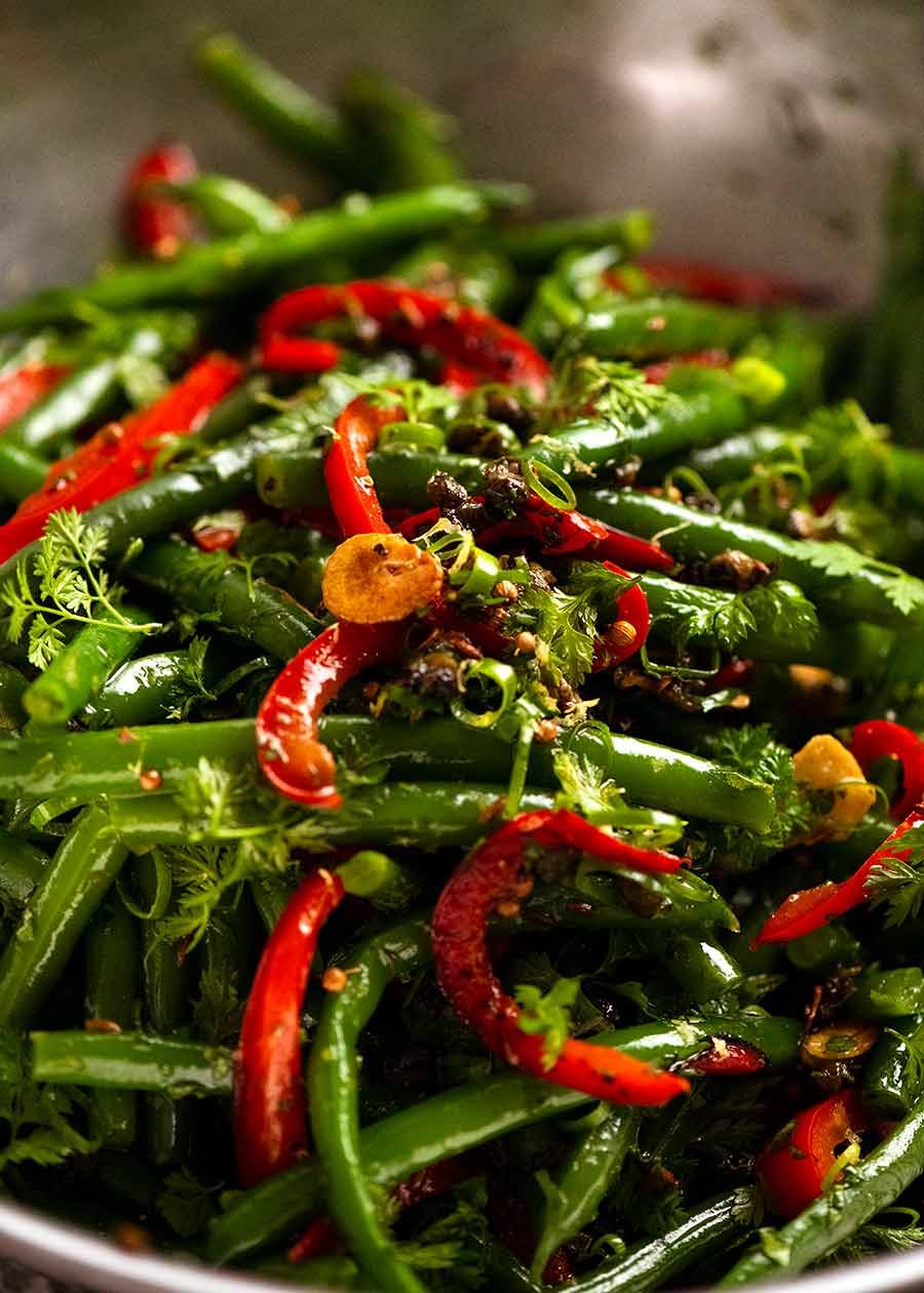 Close up of Yotam Ottolenghi's Green Bean Salad