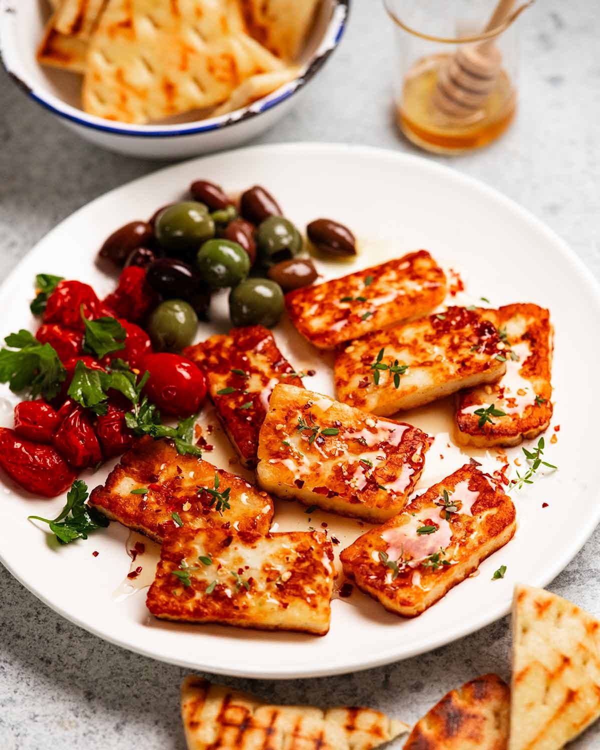 Golden fried halloumi with honey and thyme