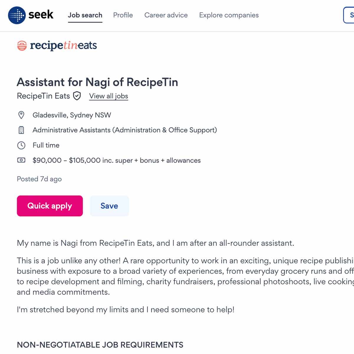 SEEK RecipeTin Assistant for Nagi job advert