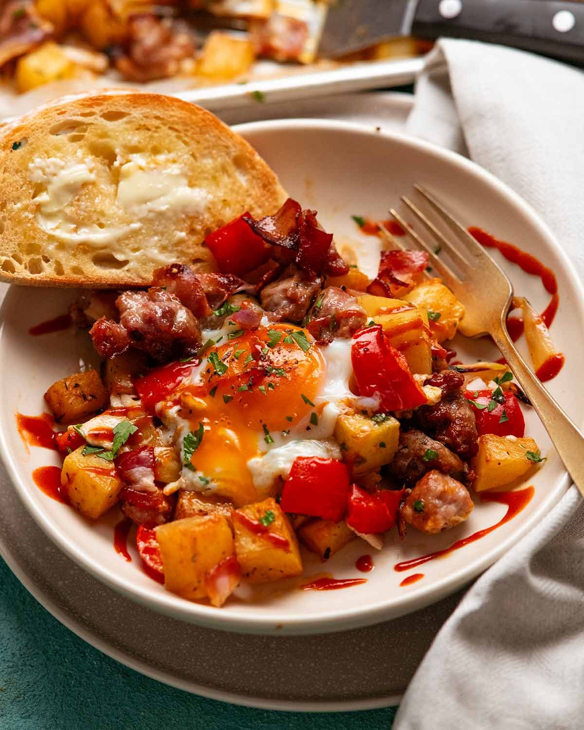 Baked breakfast hash with sausage and potatoes