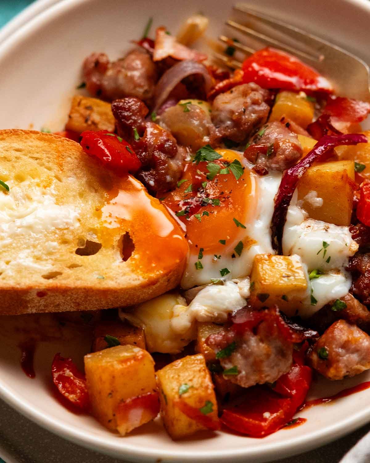 Baked breakfast hash with sausage and potatoes