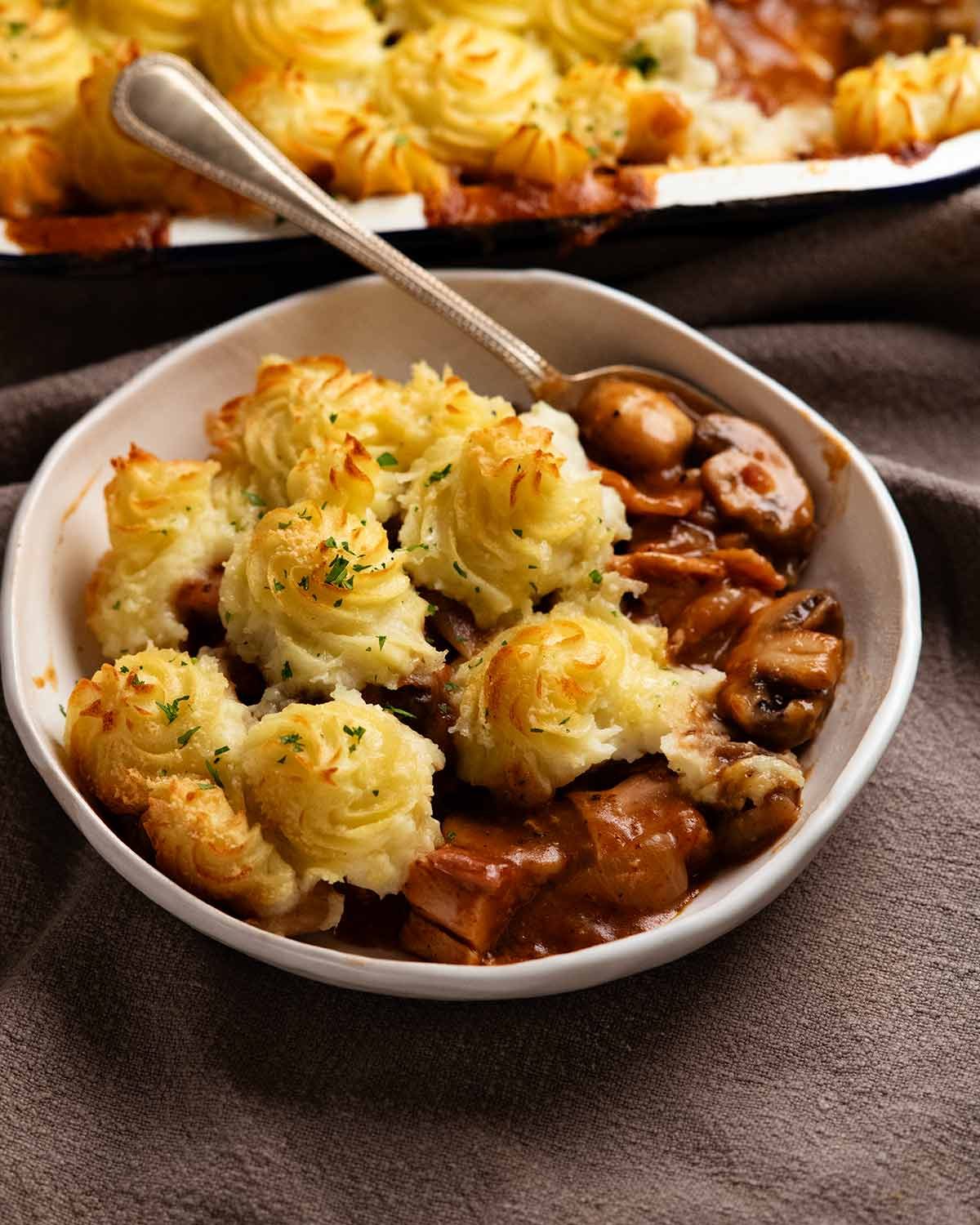 Duchess potato chicken mushroom pie