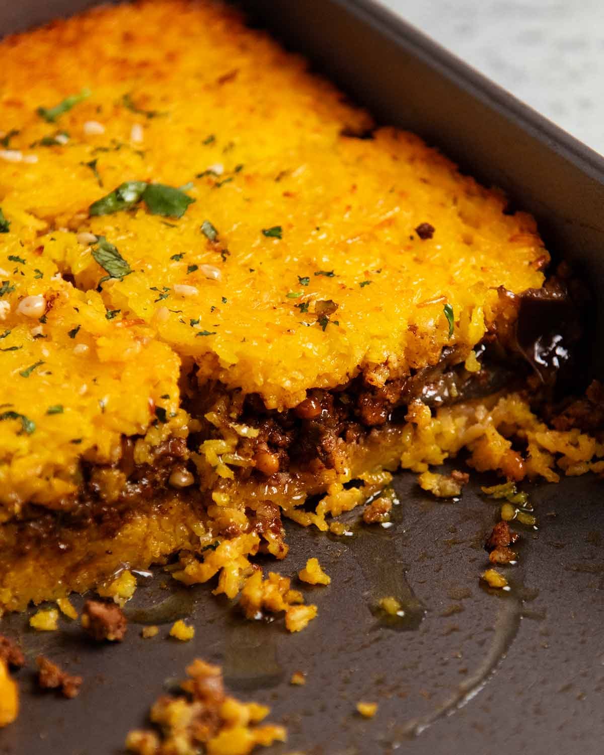 Golden Saffron Rice Bake stuffed with Spiced Meat