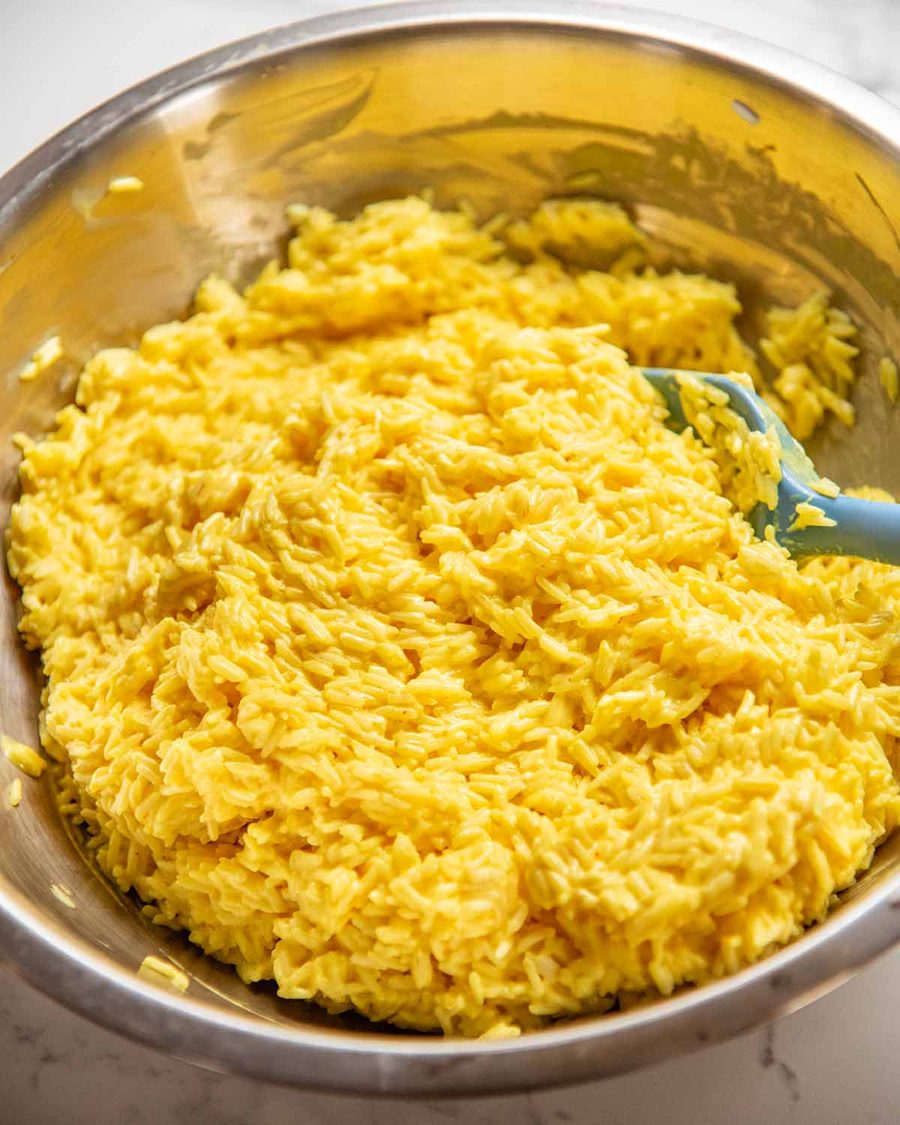 Golden Saffron Rice Bake stuffed with Spiced Meat